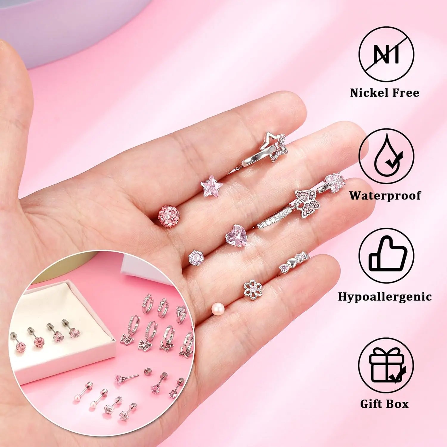 10Pairs Earrings for Women Girls Silver Stud Hoop Earrings Set Cute Surgical Steel Hypoallergenic Earrings Pink Heart Butterfly Flower Pearl Screw Back Earrings for Women Sleeper Earrings