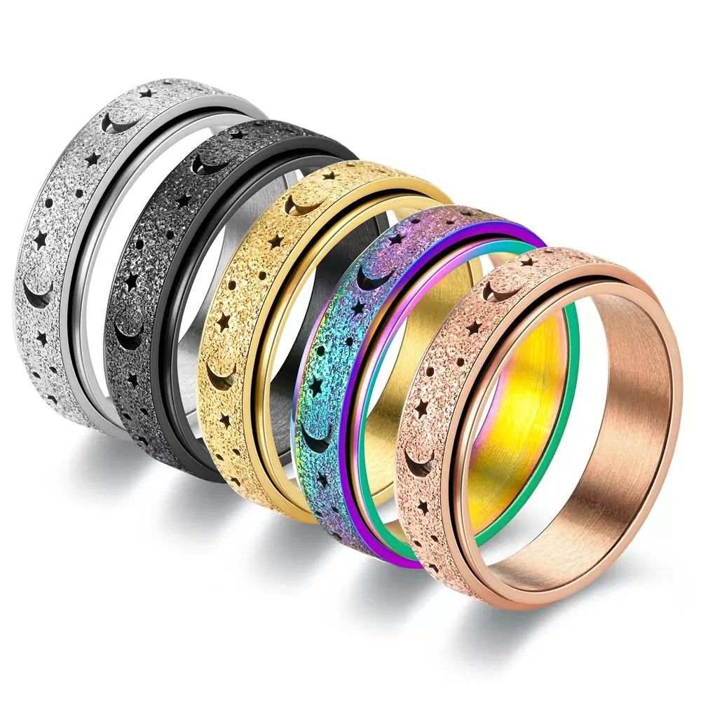 Anti Stress Stainless Steel Spinning Rotating Finger Rings For Women Men Rotatable Design Moon-Star Frosted Ring Fashion Jewelry
