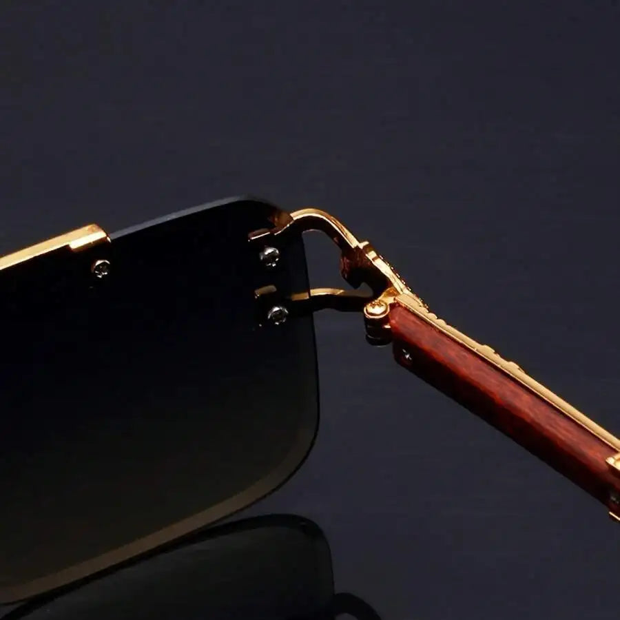 Retro Double Bridge Rimless Sunglasses With Wood Texture And Gold Tone Decoration mbzr