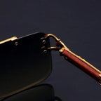 Retro Double Bridge Rimless Sunglasses With Wood Texture And Gold Tone Decoration mbzr