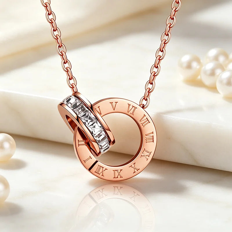 Women Vintage Roman Numeral Interlocking Ring Necklace, 13mm Double Circle Inlaid Zircon Pendant, 316 Stainless Steel Adjustable 50+5cm Chain, Hypoallergenic Waterproof Fade Resistant Daily Wear Jewellery