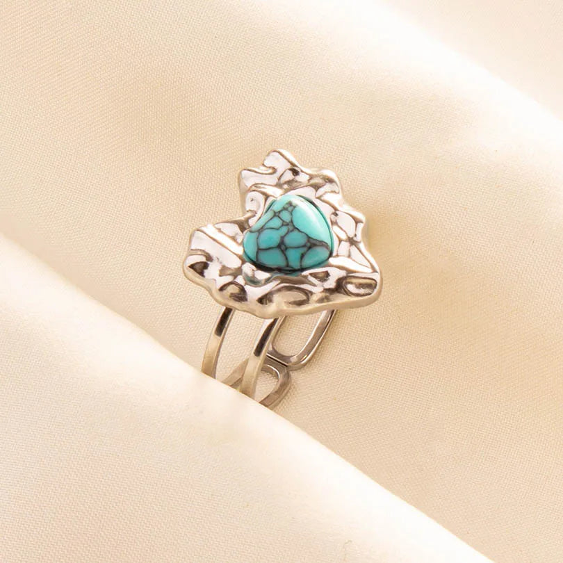 1pc Stainless Steel Boho Turquoise Open Finger Rings Trendy Adjustable Women Multi Layers Stackable