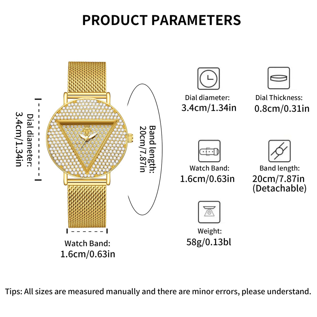 YaLaLuSi Geometric Triangle Rhinestone Ladies Wristwatch Full Paved Crystal Dial Gold Mesh Bracelet Quartz Fashion Women Dress Watch