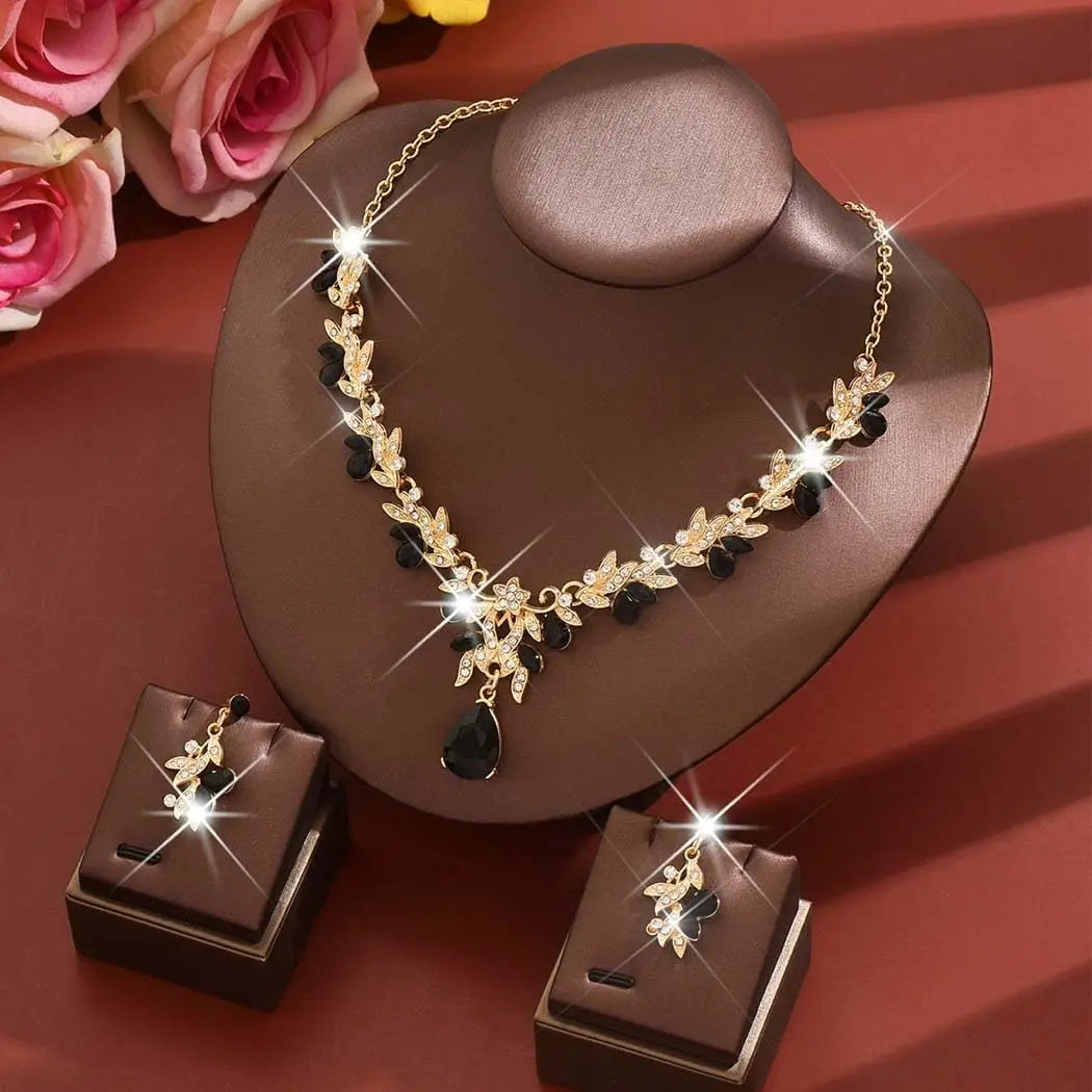 Unicra Rhinestone Bridal Wedding Jewelry Sets Gold Necklace Earrings Set Leaf Prom Formal Costume Jewelry Set for Women and Brides