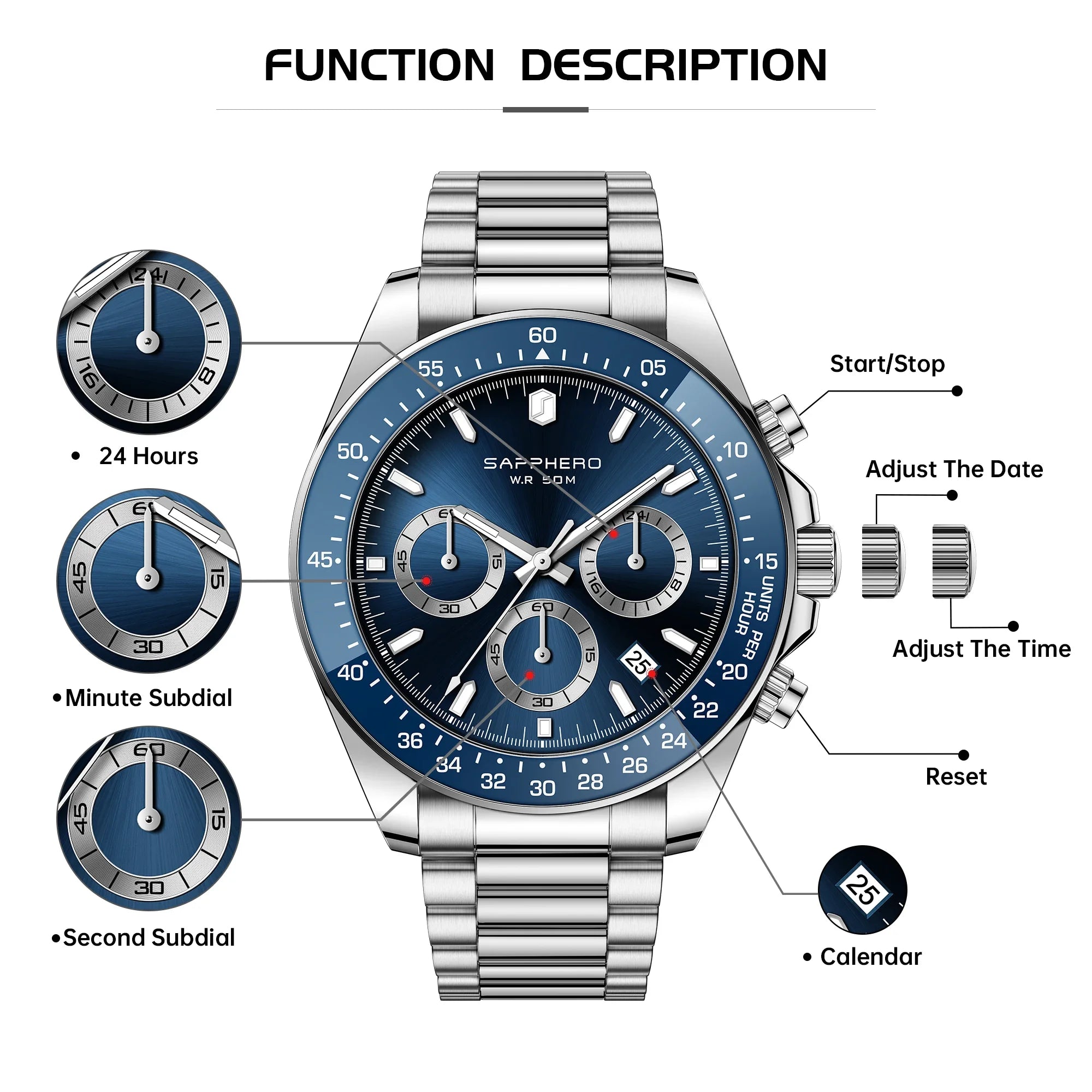SAPPHERO Men Chronograph Watch Luxury Quartz Stainless Steel Blue Dial 50M Waterproof Mineral Glass Sport Business Wristwatch mbzr