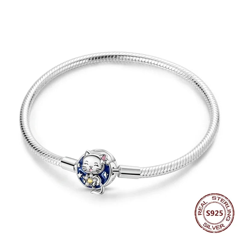 Silver 925 Bracelet Original Bracelets Colorful Zircon Heart Flower Cat Snake Chain For DIY Charms 17-20CM Luxury Jewelry Gifts mbzr