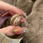 Trendy Luxury Geometric Shiny Zircon Multi-layer Gold Color Stainless Steel Couple Ring for Women Men Jewelry Gift
