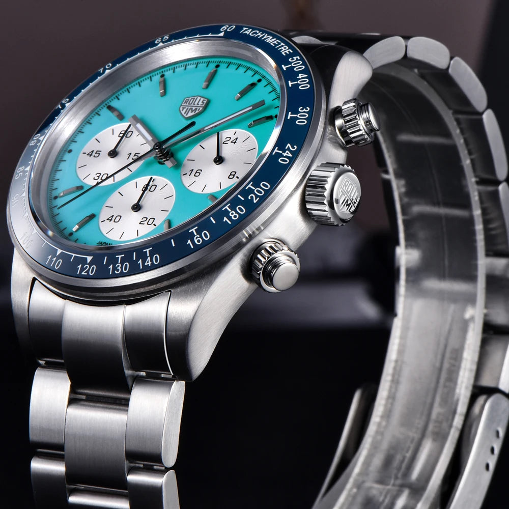 Rollstimi 2026 New Retro Blue Chronograph Luxury Quartz Watch For Men Stainless steel 100M Waterproof Watch Men Japan VK63 Movt mbzr
