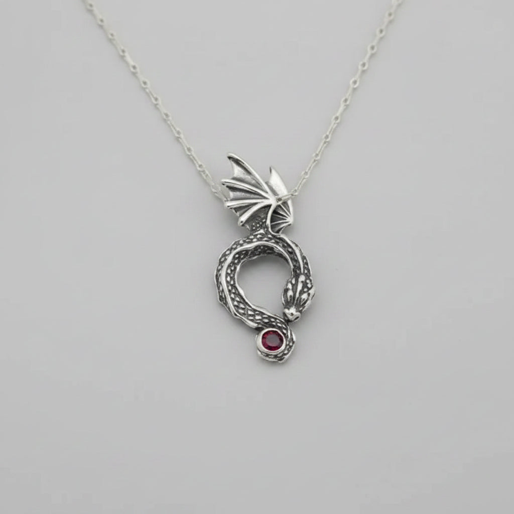 Retro-Style 925 Sterling Silver Necklace – Vintage Dragon Pendant with Red CZ Eyes, Neutral Series Guardian Beast Jewelry mbzr