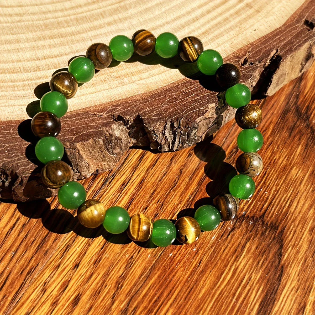 2 8mm Lucky Bracelets with 8mm Tiger Eye and Green Aventurine - Handcrafted Natural Crystal Beads to Help Relax, Attract Wealth and Relieve Anxiety - Vintage Bohemian Style