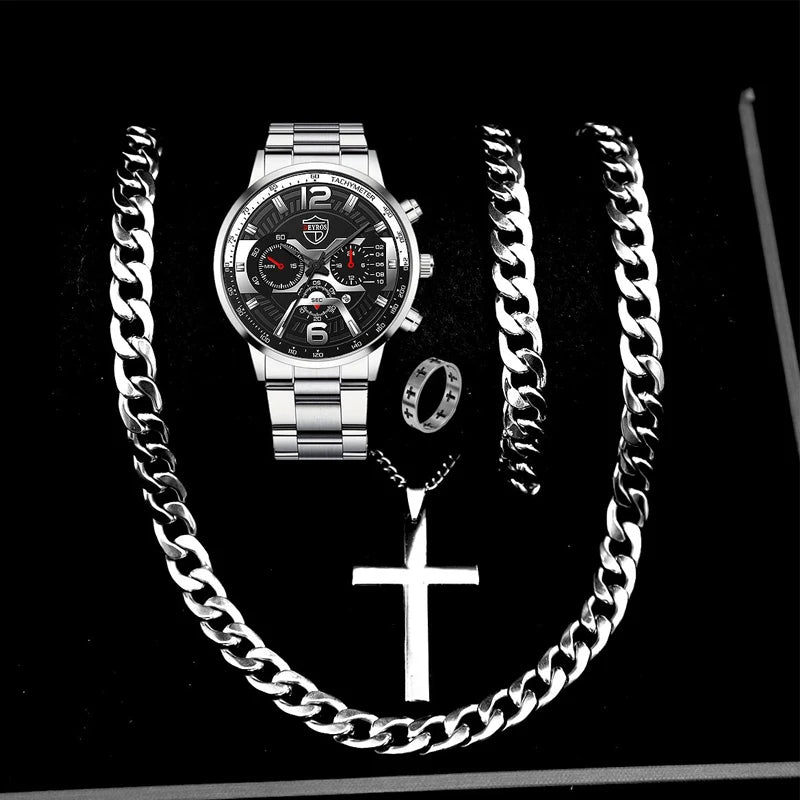 5PCS Set DEYROS Fashion Mens Calendar Watches Men Business Stainless Steel Quartz Wristwatch Male Casual Necklace Bracelet Watch mbzr