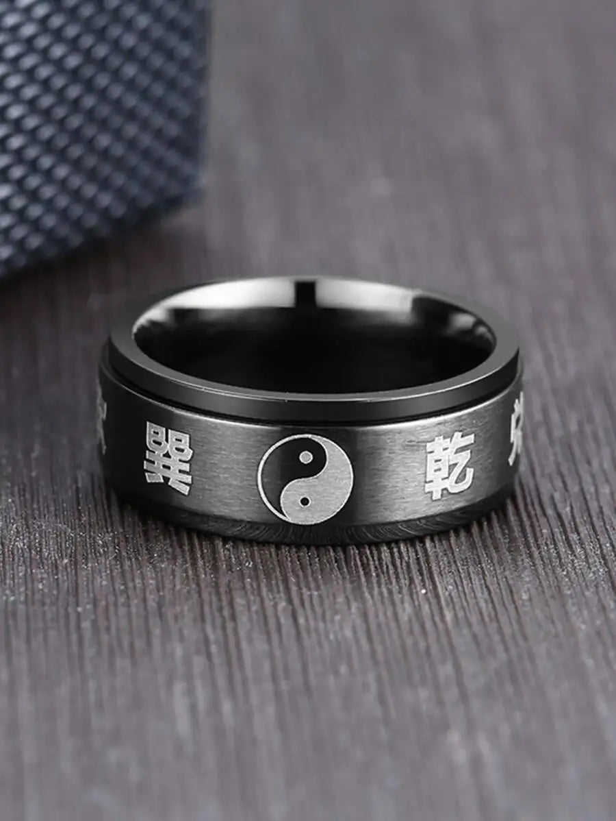 1pc Men's Stainless Steel Yin Yang Bagua Rotating Ring, Black Jewelry Accessory