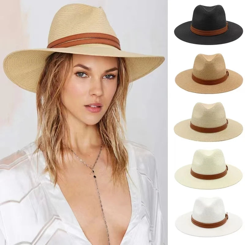 Natural Panama Summer Straw Hat Summer Wide Brim Beach UV Protection Fedora Sun Hat