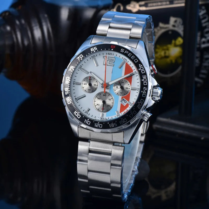 Men Racing Sport Quartz Chronograph Watch Stainless Steel Metal Bracelet 3 Sub-Dials Multicolor Dial Optional Tachymeter Bezel Date Calendar Luminous Waterproof Large Dial Business Casual Male Wrist Clock