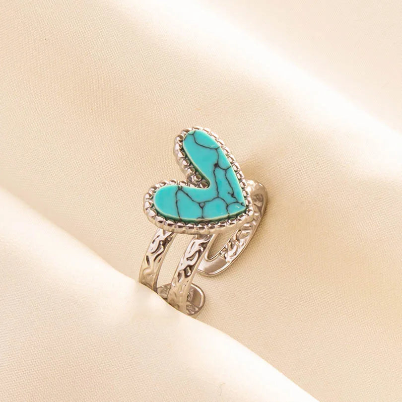 1pc Stainless Steel Boho Turquoise Open Finger Rings Trendy Adjustable Women Multi Layers Stackable
