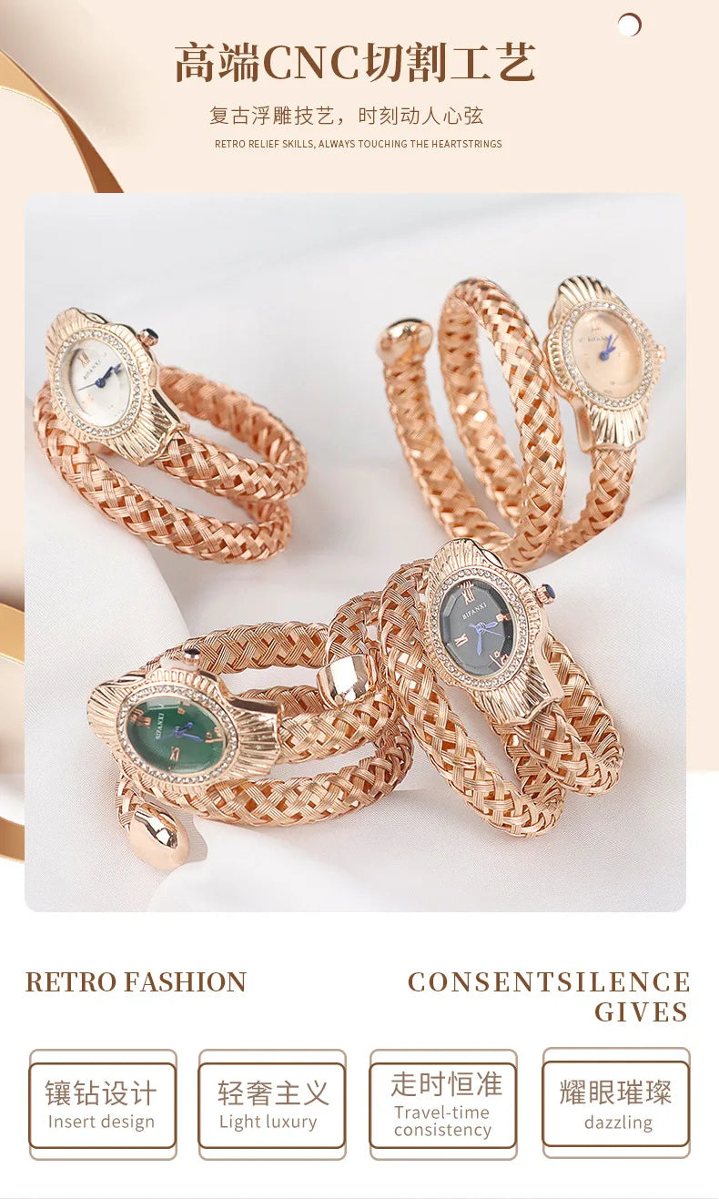 Fashion Diamond BIFANXI New Quartz Watch Women Unique Snake Shape European American Bracelet Watches Wire Braided Lady Wristatch