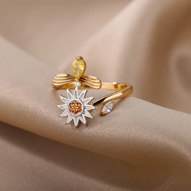 Anti Stress Anxiety Fidget Rings for Women Satinless Steel Spinner Sunflower Sun Star Ring Trendy Jewelry