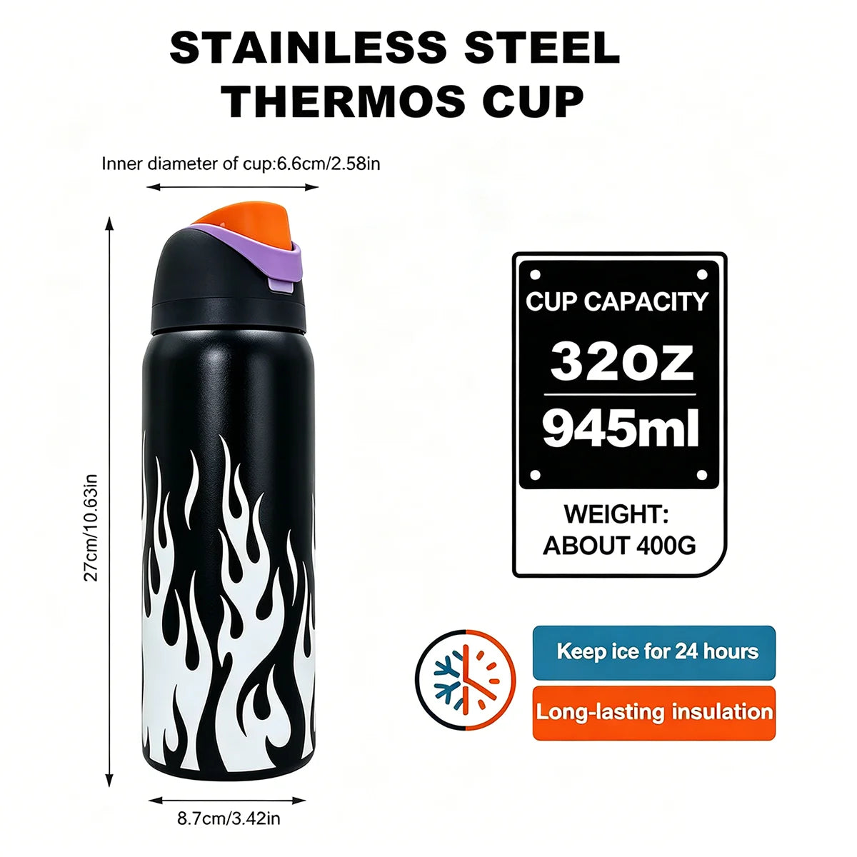 Owalaa white flame 32oz/945ml stainless steel insulated water bottle with straw,for daily sports outdoor,perfect gift mbzr