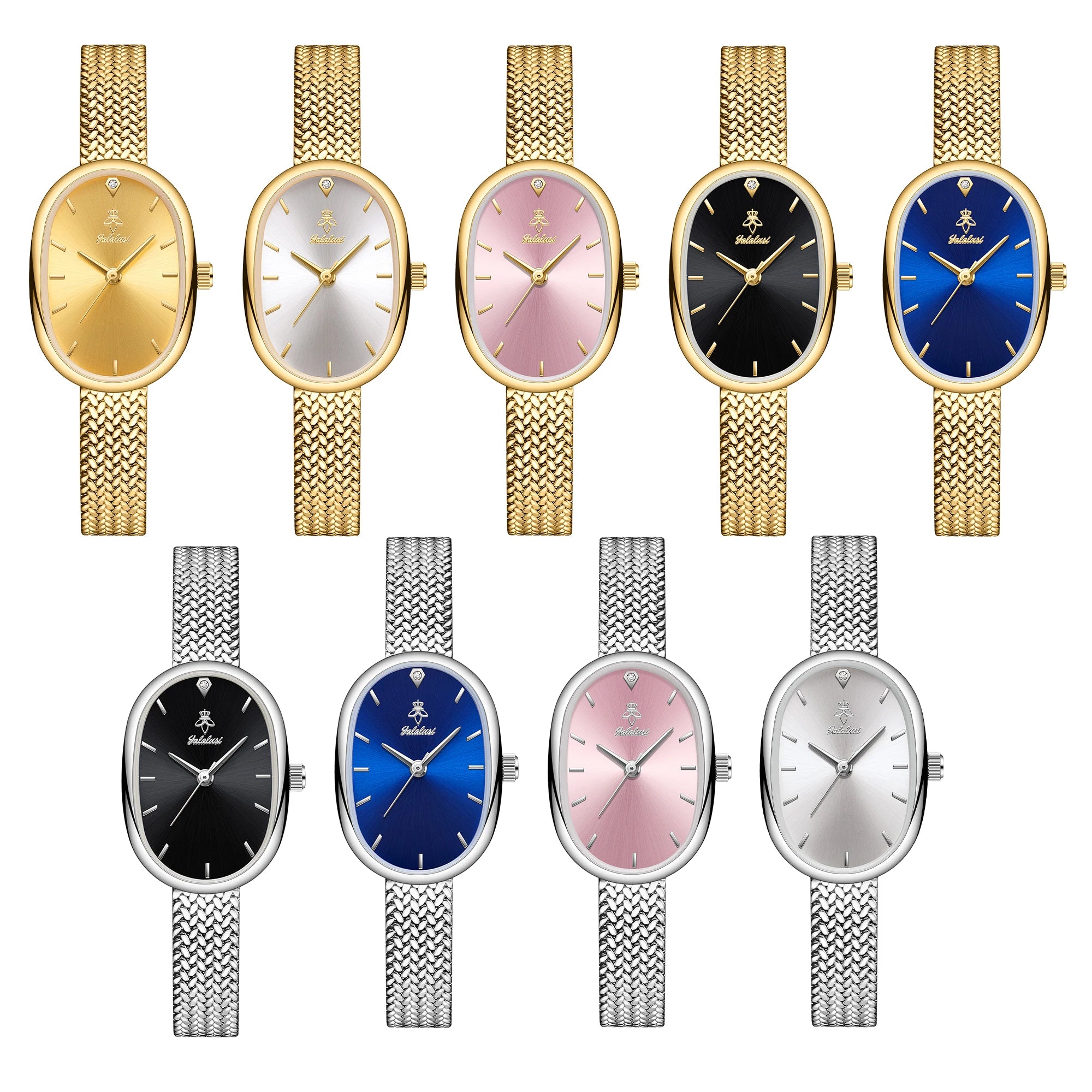 YaLaLuSi Oval Pink  Dial Gold Herringbone Mesh Women Watch Tiny Diamond Index Minimal Thin Case Ladies Quartz Bracelet Dress Wristwatch