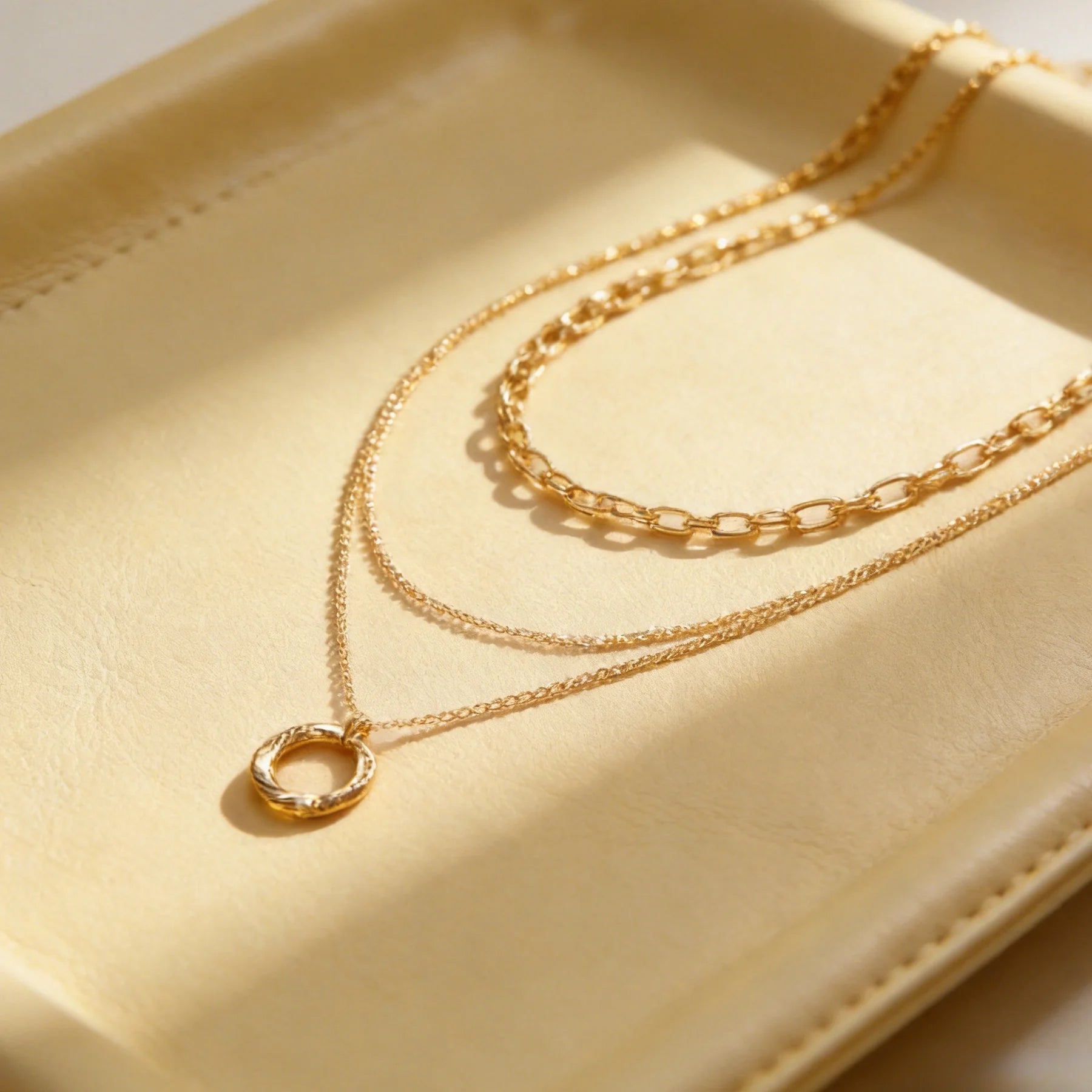 Multi‑Layer Gold Tone Zinc Alloy Necklace Textured Circle Pendant Daily Neckwear