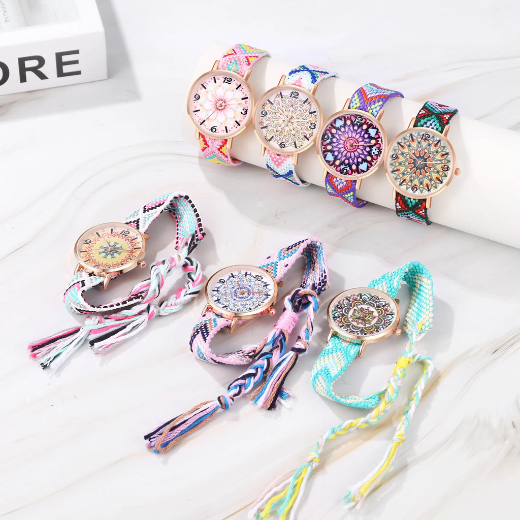 LANCARDO Bohemian Ladies Bracelet Watch Woven Rainbow Strap Floral Print Dial Analog Quartz Watch Girl Gift