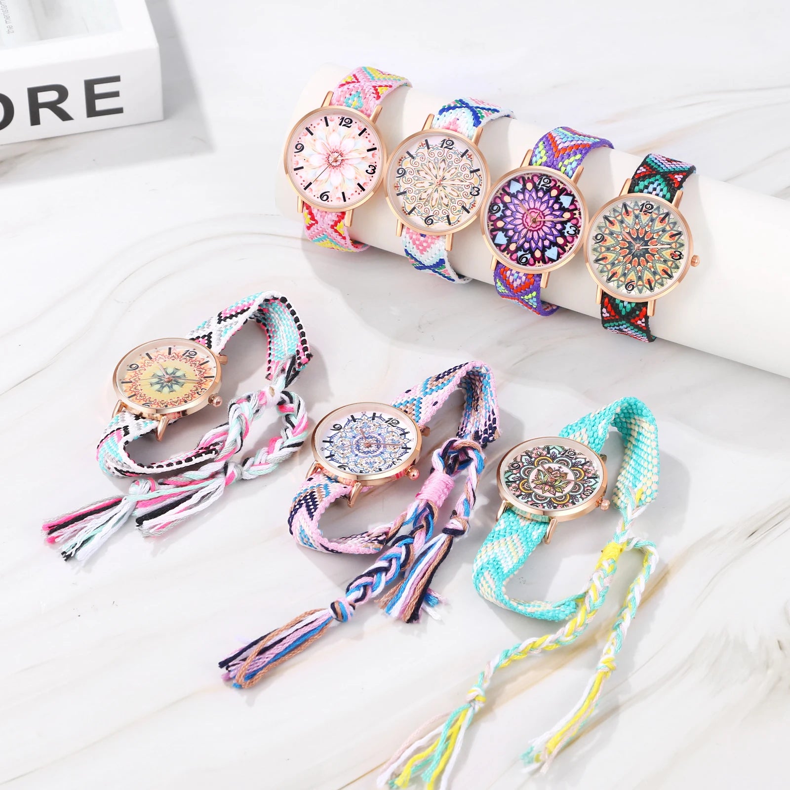 LANCARDO Bohemian Ladies Bracelet Watch Woven Rainbow Strap Floral Print Dial Analog Quartz Watch Girl Gift