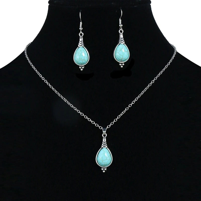 Vintage Bohemian Hollow Round Geometric Necklace Earrings Set for Women Indian Jewelry Ethnic Bule Beads Pendant Jewelry Sets mbzr