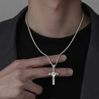 Stainless Steel Saint Benedict Cross Necklace, Zircon Inlay