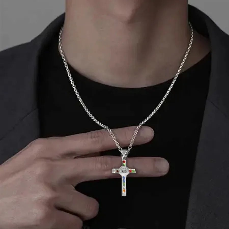 Stainless Steel Saint Benedict Cross Necklace, Zircon Inlay