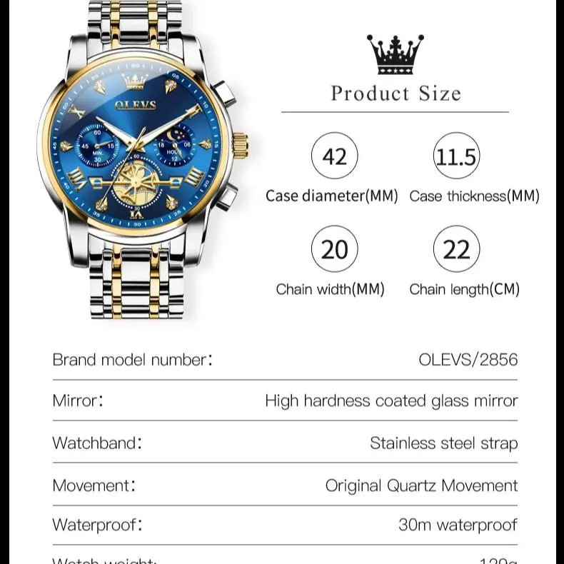 Quartz Watch Flywheel Skeleton Chronograph Moon Phase Multifunctional OLEVS 2856 mbzr