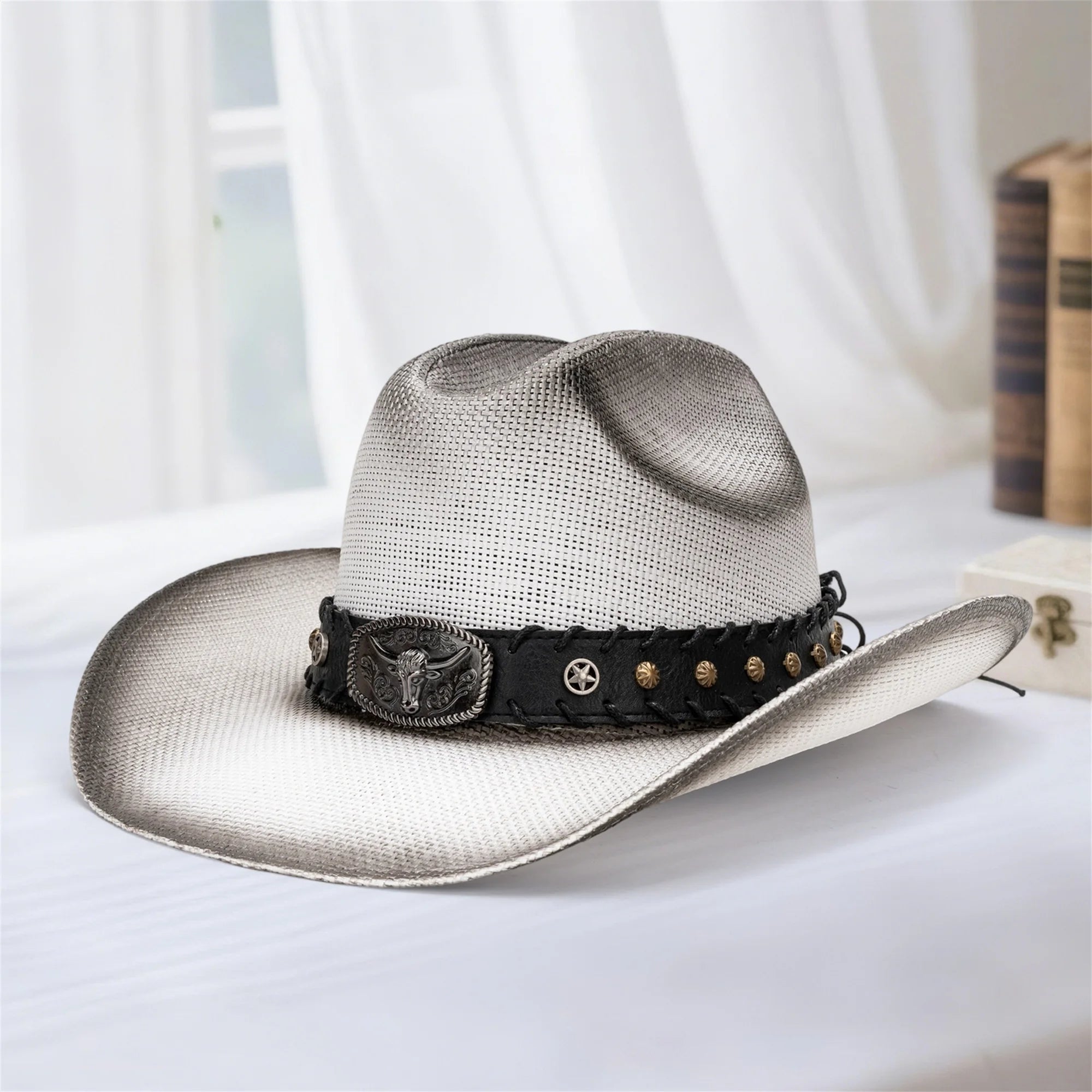 Western Style Straw Cowboy Hat with Cattle Head Design and Belted Sun Protection for Outdoors
