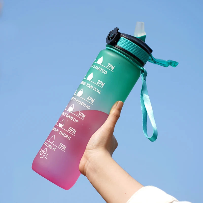 1L Water bottle 12 colors Leak Proof with Time Mark Drink and Straw Motivational Drinking Sports Water Bottle for Outdoor Hiking mbzr