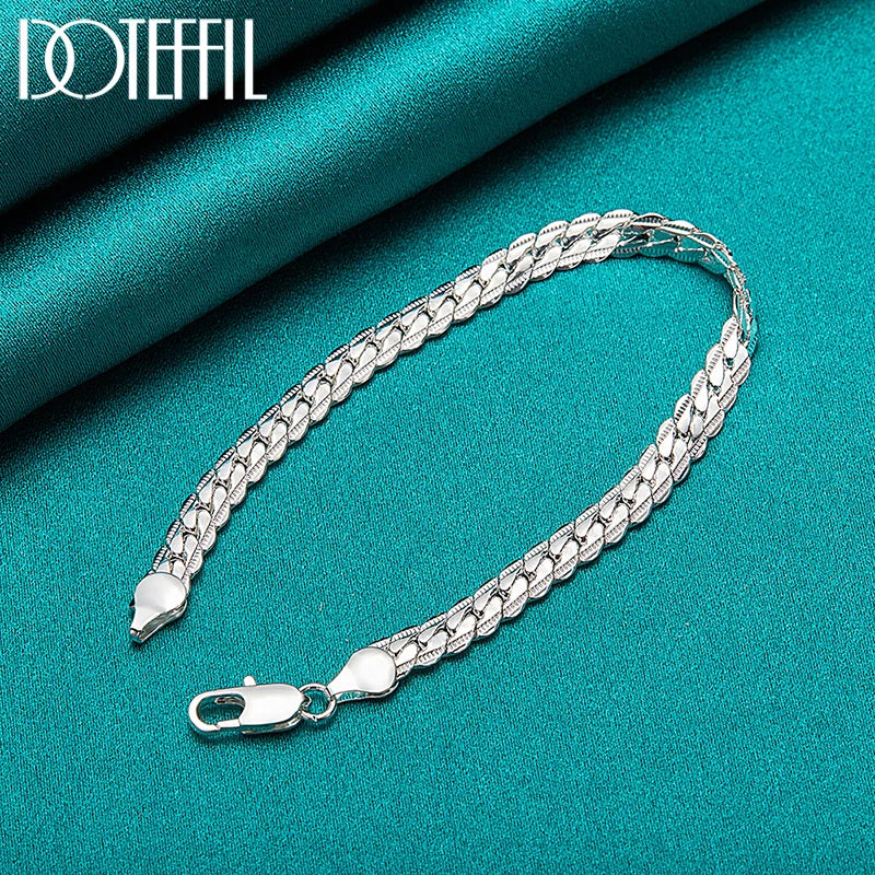 S925 Sterling Silver 6mm Flat Side Chain Bracelet 18-20cm Adjustable Lobster Clasp Anti-allergy Never Fade Minimalist Luxury Wedding Engagement Fine Jewelry Gift For Men Women