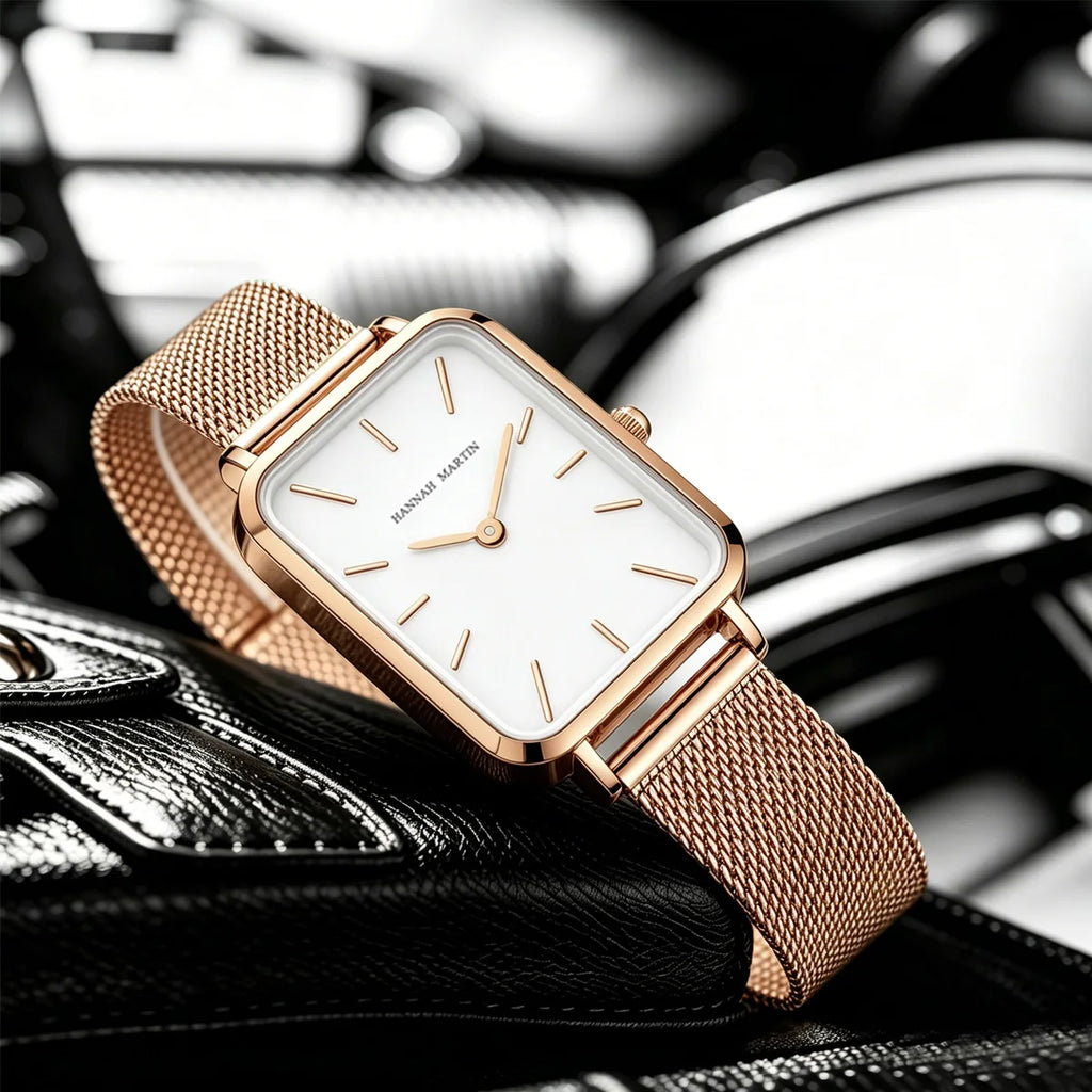 Hannah Martin Womens Watch US Local Shipping Square 34mm Dial Simple Bar Scale Silver Stainless Steel Milan Strap Japanese Original Quartz Movement Clock Nordic Fashion Style Suitable for Various Dressing Styles, Women Gift C