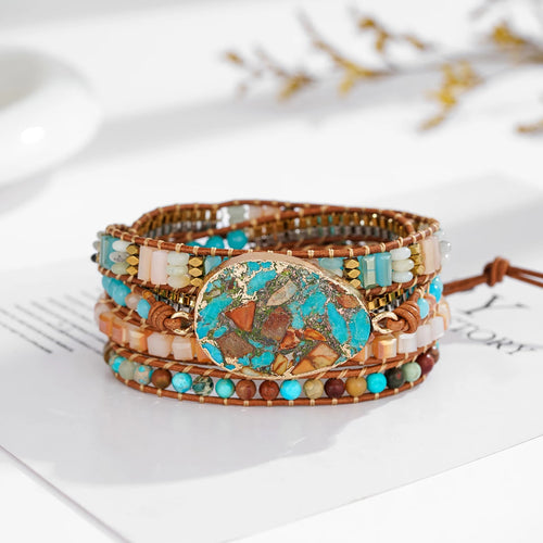 Boho Handmade Natural Stone Beaded Bracelets Turquoise Blue Jasper Hematite Crystal 5 Wraps mbzr