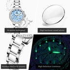 OLEVS 9999 Luxury Diamond Women Watch Fashion Blue Dial Stainless Steel Ceramic Strap Quartz Wristwatch Waterproof Calendar Window Watch