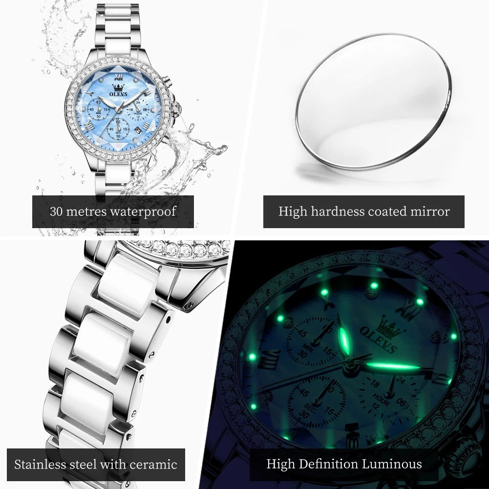 OLEVS 9999 Luxury Diamond Women Watch Fashion Blue Dial Stainless Steel Ceramic Strap Quartz Wristwatch Waterproof Calendar Window Watch