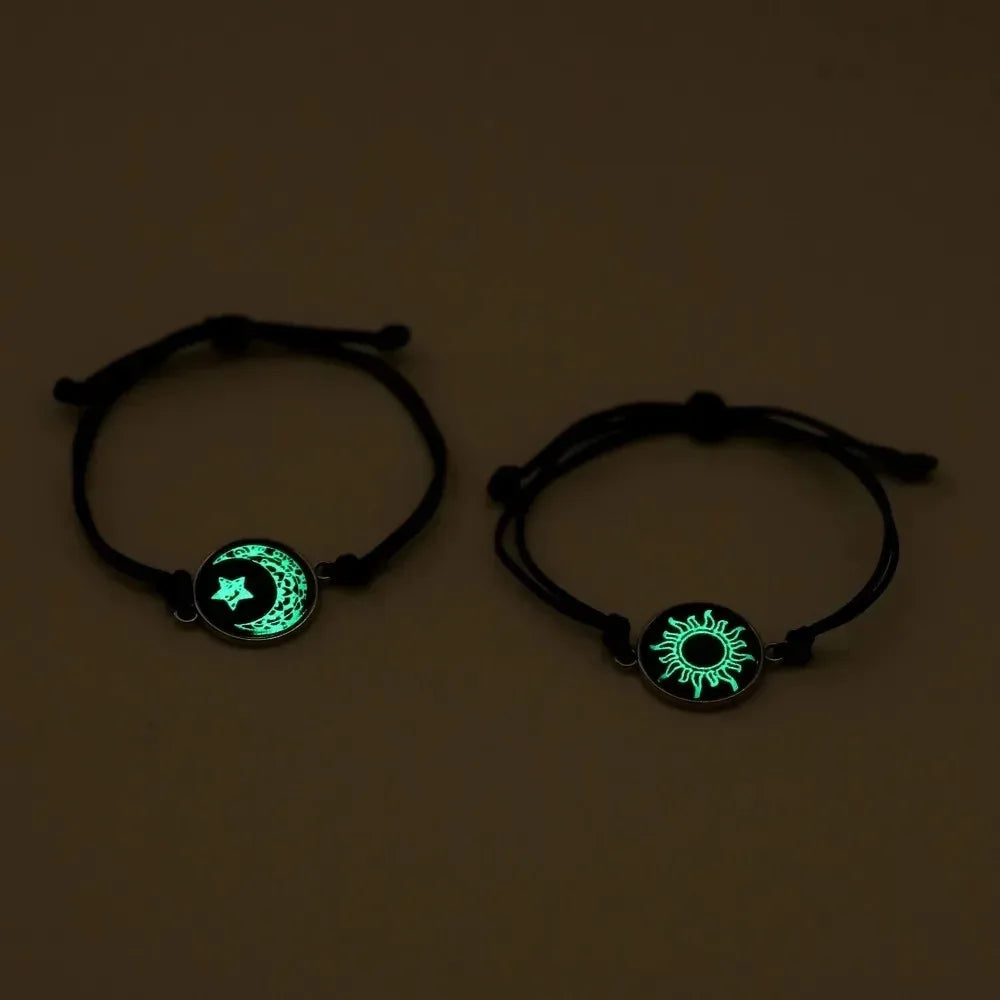 Adjustable Handmade Braided Rope Couple Bracelets Glow In The Dark Sun Moon Glass Bead Wrist Jewelry Casual Fashion Matching Accessories