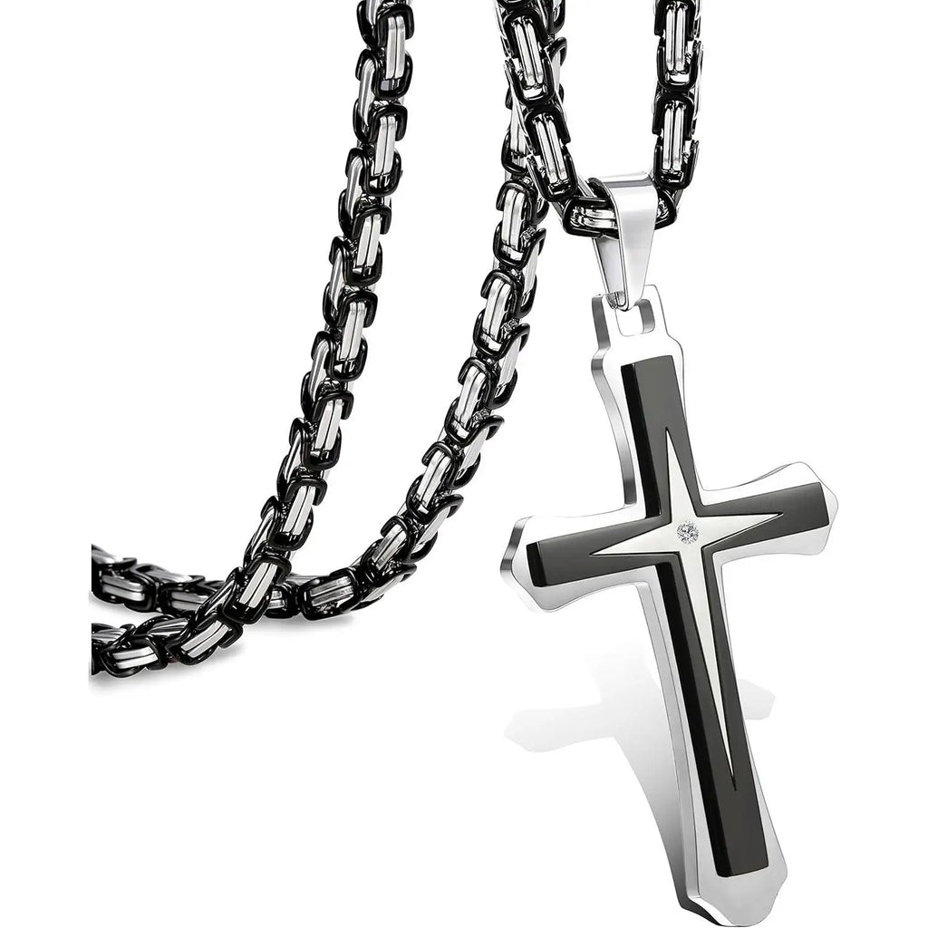 Black 14K Gold Plated Cross Necklace for Men Stainless Steel Byzantine Chain With Cross Pendant Necklace Mens Gifts 22-30Inch