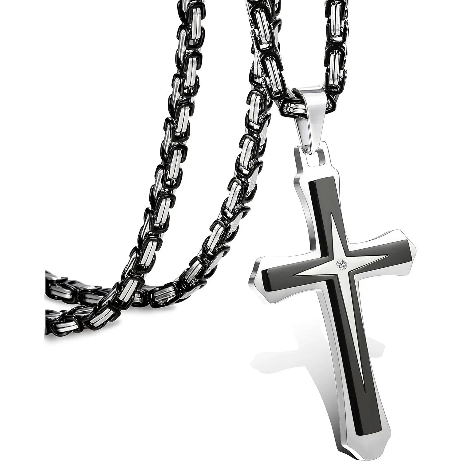 Black 14K Gold Plated Cross Necklace for Men Stainless Steel Byzantine Chain With Cross Pendant Necklace Mens Gifts 22-30Inch