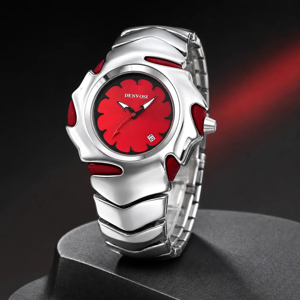 DENVOSI Futuristic Sport Watch Irregular Shark Wave Design Analog Quartz Metal Band for Men and Women