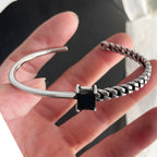 Chain and Link Bracelets Vintage Handmade Simple Retro Black Stone 925 Silver