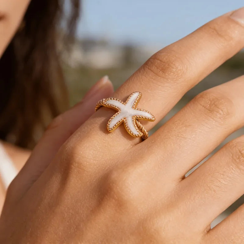 Drip waterproof starfish open ring, fashionable and elegant party stainless steel golden color ring, women's party holiday daily jewelry accessories gift