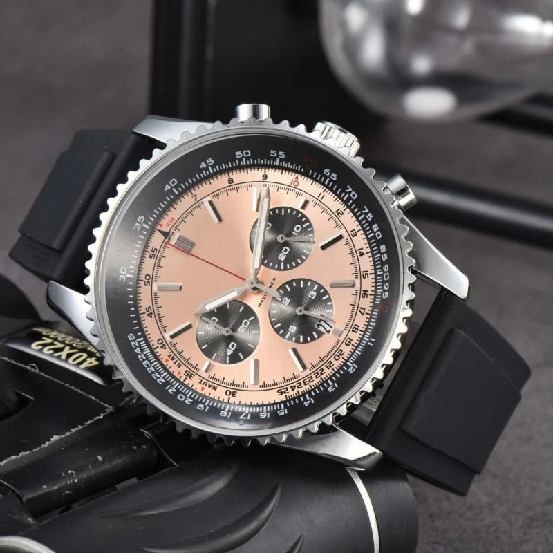 Men Quartz Chronograph Watch Silver Alloy Case Tachymeter Scale Bezel Date Display Soft Silicone Rubber Strap Sports Male Wrist Watch