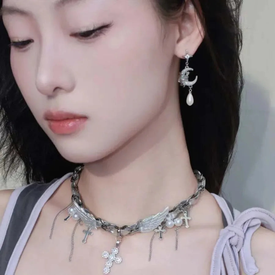 Fashion Asymmetric Shiny Star Moon Drop Earrings for Women Exquisite Metal Crystal Pearl Earrings Aesthetic Jewelry Accessories