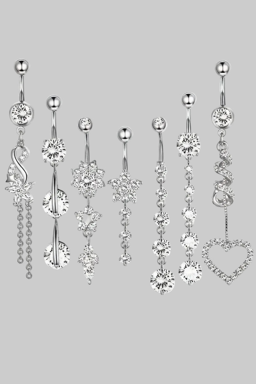 7pcs 316L Stainless Steel Navel Piercing Rings With CZ-Encrusted Floral, Heart, Spiral, And Chain Dangle Charms For Women mbzr