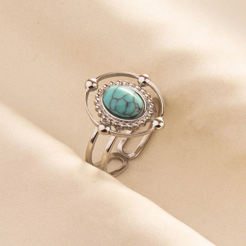 1pc Stainless Steel Boho Turquoise Open Finger Rings Trendy Adjustable Women Multi Layers Stackable