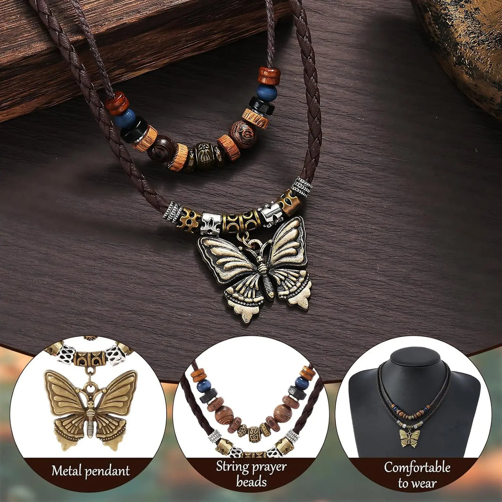 Boho Necklace for Women,Vintage Butterfly Pendant Necklaces,Adjustable Wooden Beads Layered Braided Choker,Fashion Tribal Style Leather Rope Necklace Jewelry,Chunky Statement Gift for Women