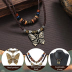 Boho Necklace for Women,Vintage Butterfly Pendant Necklaces,Adjustable Wooden Beads Layered Braided Choker,Fashion Tribal Style Leather Rope Necklace Jewelry,Chunky Statement Gift for Women