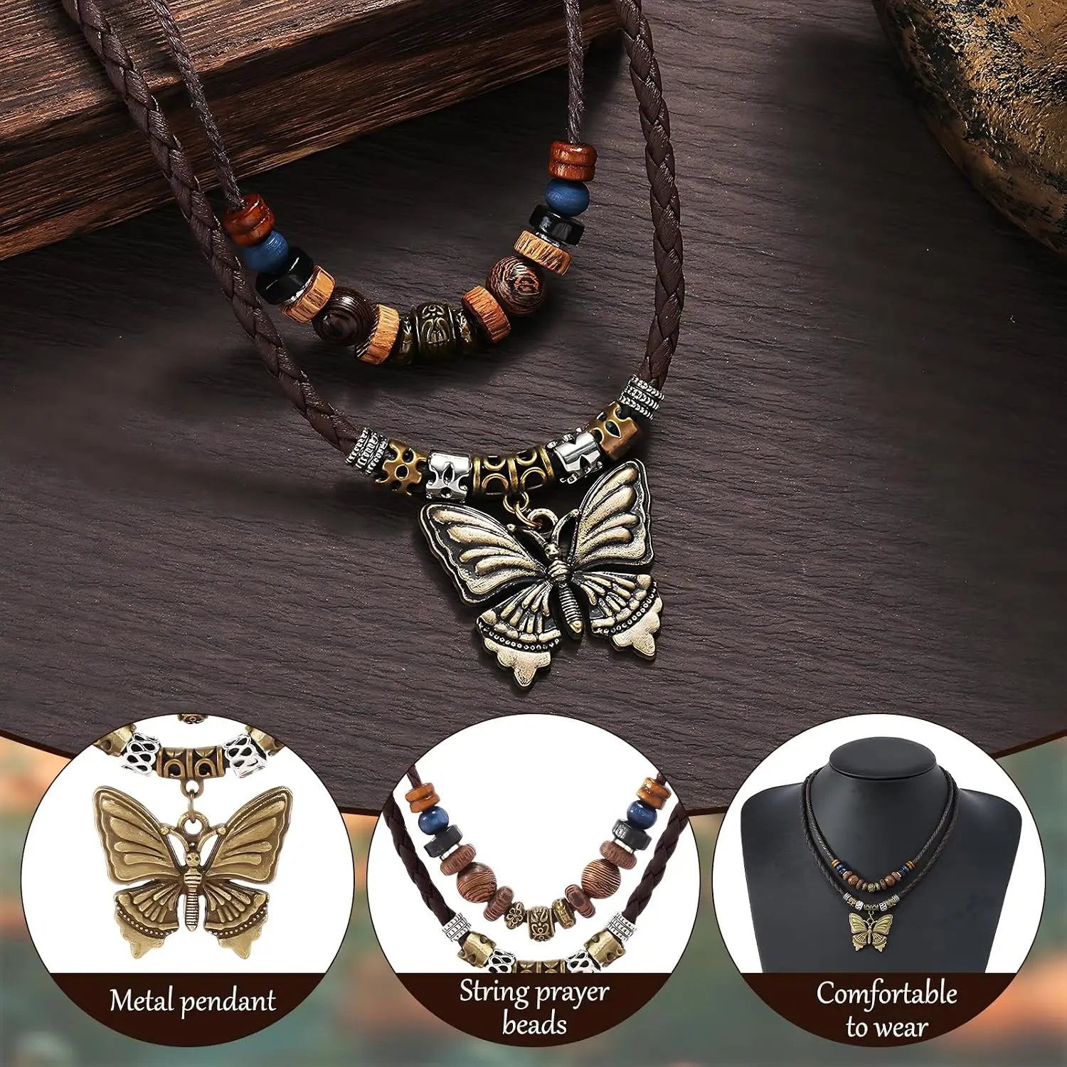 Boho Necklace for Women,Vintage Butterfly Pendant Necklaces,Adjustable Wooden Beads Layered Braided Choker,Fashion Tribal Style Leather Rope Necklace Jewelry,Chunky Statement Gift for Women